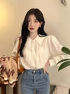 French-style Vintage White Polo-collar Long-sleeve Shirt