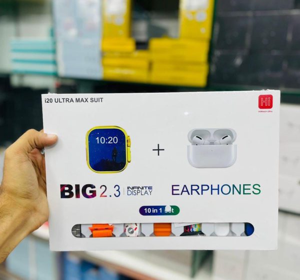 I20 Ultra Max With AirPods Bonus |10 in 1 Smartwatch Bundle 2.3 Inch Large Screen 10 Straps