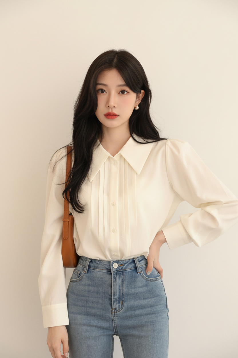 French-style Vintage White Polo-collar Long-sleeve Shirt