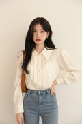 French-style Vintage White Polo-collar Long-sleeve Shirt