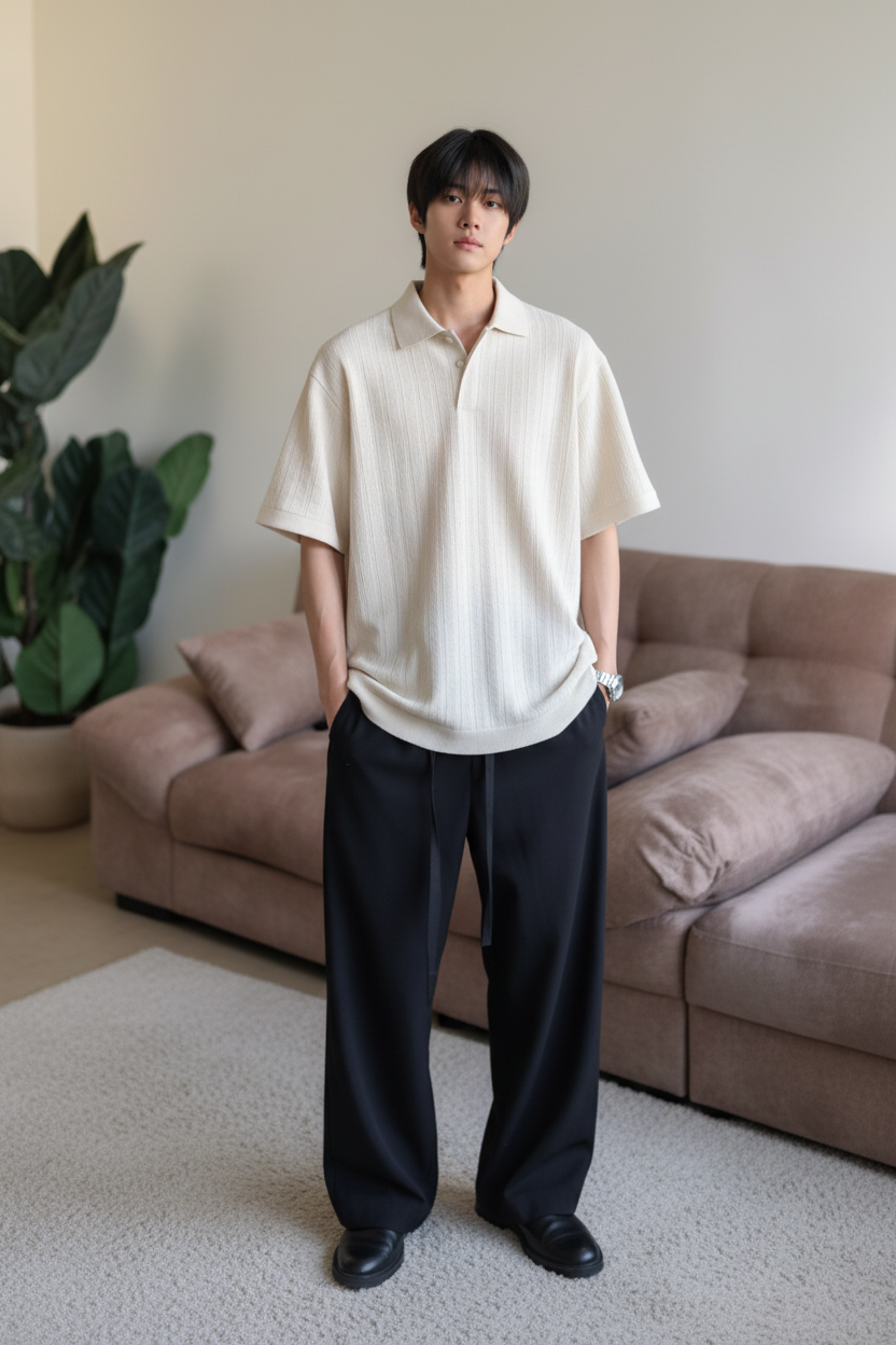 Wheat-ear Pattern Jacquard-knit Short-sleeve Polo Shirt